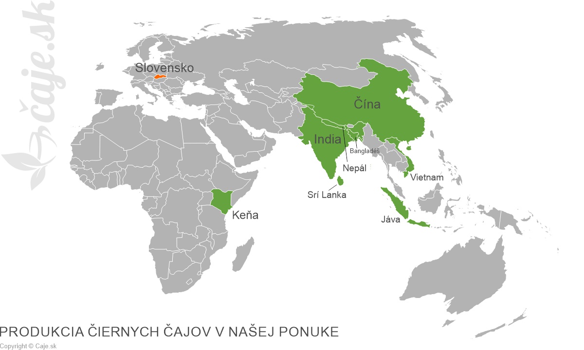 Mapa produkcie čiernych čajov Caje.sk
